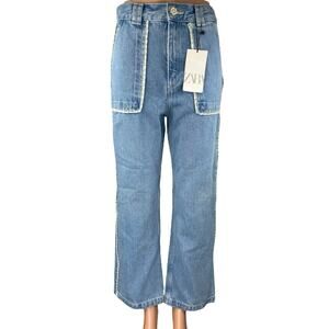 NEW Zara Women's Blue High Waisted Flower Button Wide Leg Denim Jeans Pants Sz 4